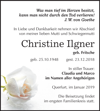 Traueranzeige von Christine Ilgner von Mitteldeutsche Zeitung Merseburg/Querfurt