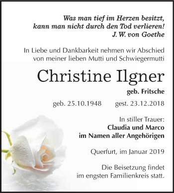 Traueranzeige von Christine Ilgner von WVG - Wochenspiegel Merseburg