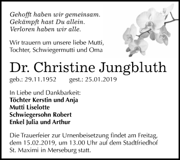 Traueranzeige von Christine Jungbluth von WVG - Wochenspiegel Merseburg