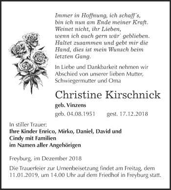 Traueranzeige von Christine Kirschnick von WVG - Wochenspiegel NMB / WSF / ZTZ