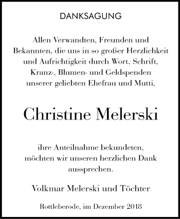 Traueranzeige von Christine Melerski von Mitteldeutsche Zeitung Sangerhausen