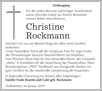 Traueranzeige von Christine Rockmann von Wochenspiegel Mansfelder Land