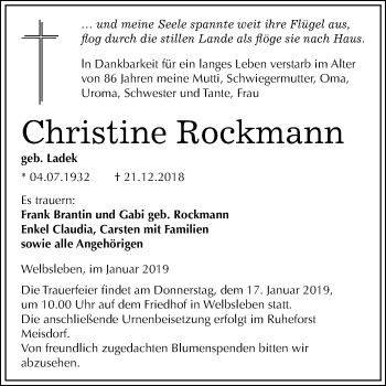 Traueranzeige von Christine Rockmann von Mitteldeutsche Zeitung Quedlinburg