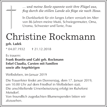 Traueranzeige von Christine Rockmann von Wochenspiegel Mansfelder Land