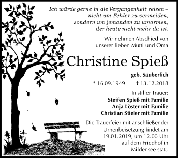 Traueranzeige von Christine Spieß von Mitteldeutsche Zeitung Dessau-Roßlau