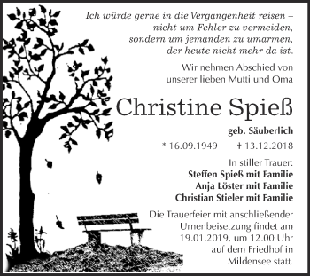 Traueranzeige von Christine Spieß von WVG - Wochenspiegel Dessau / Köthen