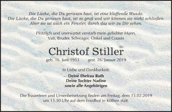 Traueranzeige von Christof Stiller von WVG - Wochenspiegel Dessau / Köthen