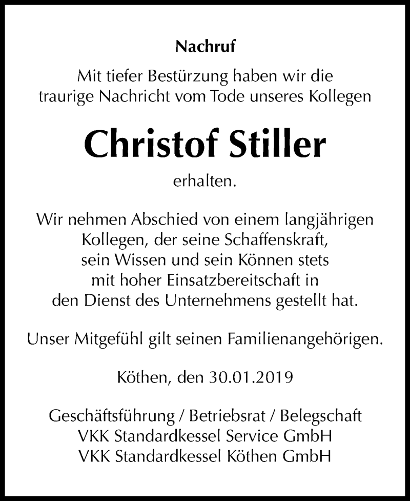  Traueranzeige für Christof Stiller vom 02.02.2019 aus Mitteldeutsche Zeitung Köthen