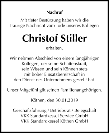 Traueranzeige von Christof Stiller von Mitteldeutsche Zeitung Köthen