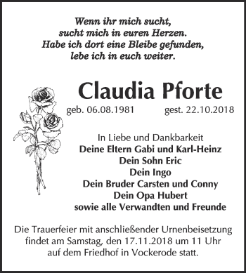 Traueranzeige von Claudia Pforte von Super Sonntag Wittenberg