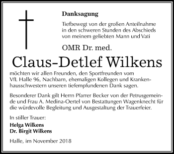 Traueranzeige von Claus-Detlef Wilkens von Mitteldeutsche Zeitung Halle/Saalkreis