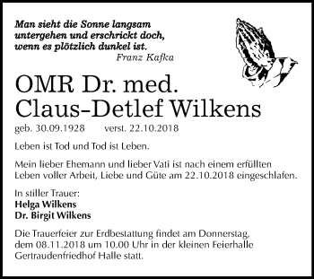 Traueranzeige von Claus-Detlef Wilkens von Mitteldeutsche Zeitung Halle/Saalkreis