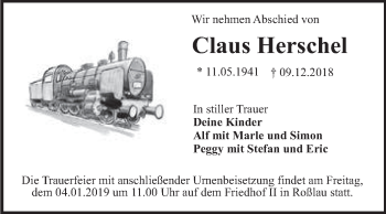 Traueranzeige von Claus Herschel von WVG - Wochenspiegel Dessau / Köthen