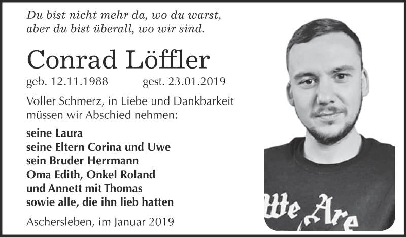  Traueranzeige für Conrad Löffler vom 02.02.2019 aus Super Sonntag Aschersleben