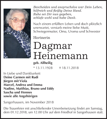 Traueranzeige von Dagmar Heinemann von Mitteldeutsche Zeitung Sangerhausen