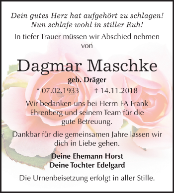 Traueranzeige von Dagmar Maschke von Mitteldeutsche Zeitung Bitterfeld