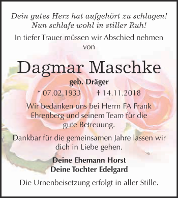 Traueranzeige von Dagmar Maschke von WVG - Wochenspiegel Bitterfeld
