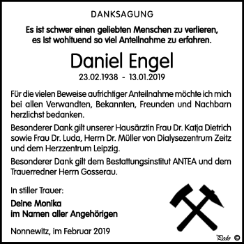 Traueranzeige von Daniel Engel von WVG - Wochenspiegel NMB / WSF / ZTZ