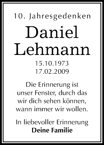 Traueranzeige von Daniel Lehmann von Mitteldeutsche Zeitung Halle/Saalkreis