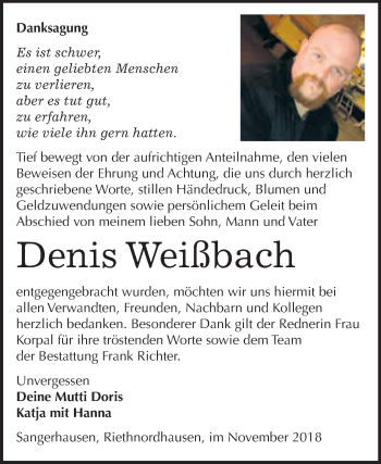 Traueranzeige von Denis Weißbach von Super Sonntag SGH Mansf. Land