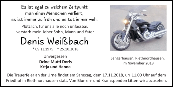 Traueranzeige von Denis Weißbach von Mitteldeutsche Zeitung Sangerhausen