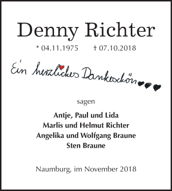 Traueranzeige von Denny Richter von Mitteldeutsche Zeitung Naumburg/Nebra
