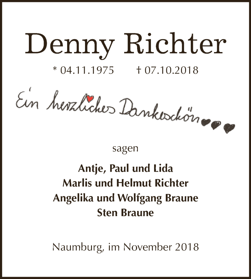  Traueranzeige für Denny Richter vom 14.11.2018 aus WVG - Wochenspiegel NMB / WSF / ZTZ