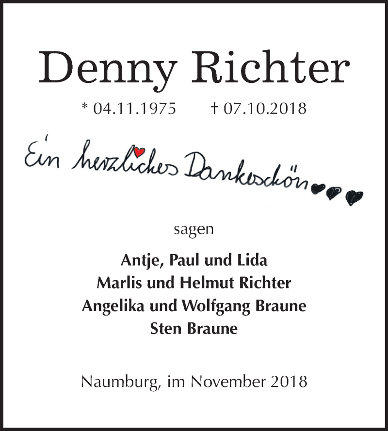  Traueranzeige für Denny Richter vom 14.11.2018 aus Mitteldeutsche Zeitung Naumburg/Nebra