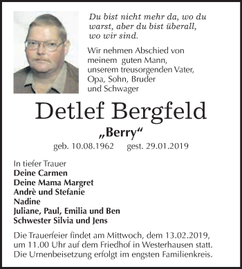 Traueranzeige von Detlef Bergfeld von WVG - Wochenspiegel Quedlinburg