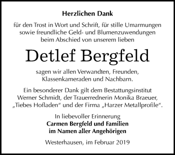 Traueranzeige von Detlef Bergfeld von WVG - Wochenspiegel Quedlinburg