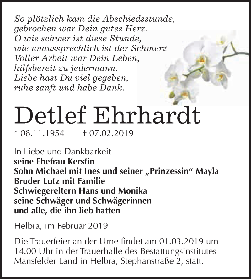  Traueranzeige für Detlef Ehrhardt vom 20.02.2019 aus Wochenspiegel Mansfelder Land