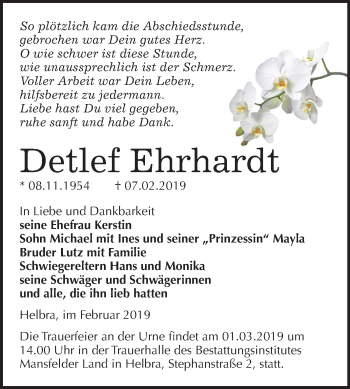 Traueranzeige von Detlef Ehrhardt von Mitteldeutsche Zeitung Mansfelder Land