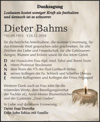 Traueranzeige von Dieter Bahms von Super Sonntag Wittenberg