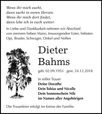 Traueranzeige von Dieter Bahms von Mitteldeutsche Zeitung Wittenberg
