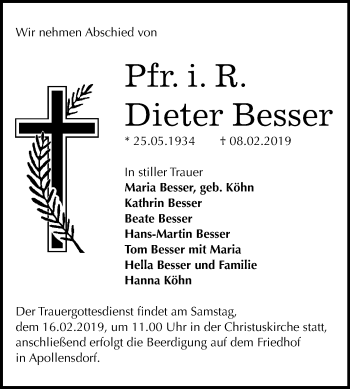 Traueranzeige von Dieter Besser von Mitteldeutsche Zeitung
