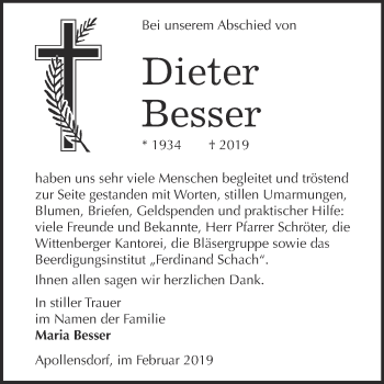 Traueranzeige von Dieter Besser von WVG - Wochenspiegel Wittenberg