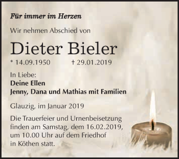 Traueranzeige von Dieter Bieler von WVG - Wochenspiegel Dessau / Köthen