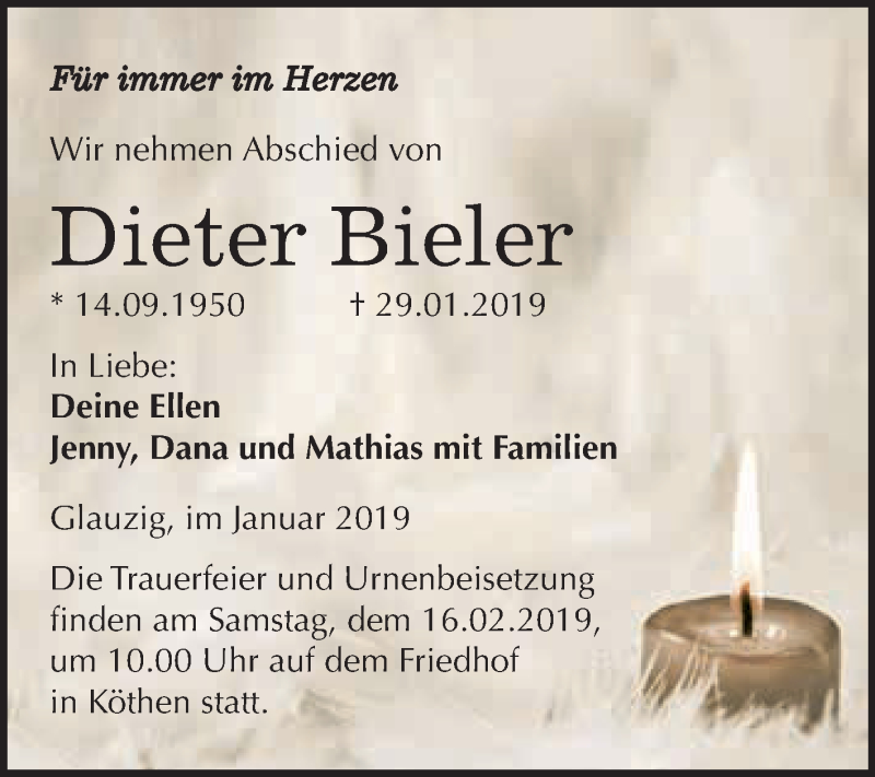  Traueranzeige für Dieter Bieler vom 09.02.2019 aus WVG - Wochenspiegel Dessau / Köthen