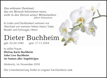 Traueranzeige von Dieter Buchheim von Super Sonntag Zeitz