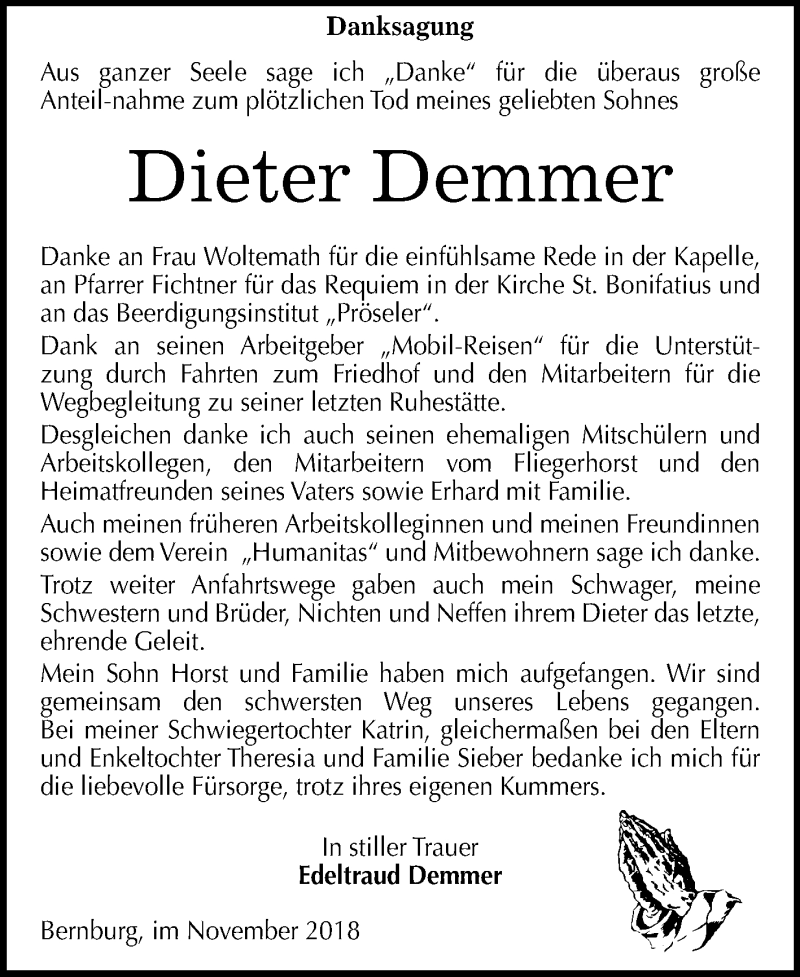 Traueranzeigen von Dieter Demmer www.abschiednehmen.de