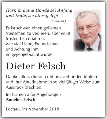 Traueranzeige von Dieter Felsch von Mitteldeutsche Zeitung Merseburg/Querfurt