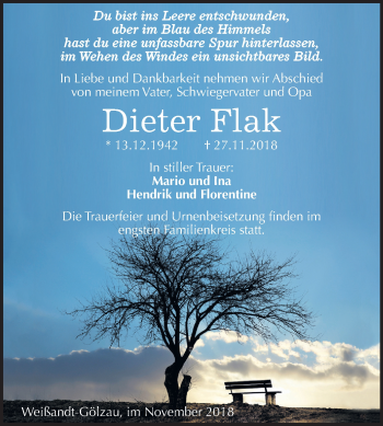 Traueranzeige von Dieter Flak von Mitteldeutsche Zeitung Köthen