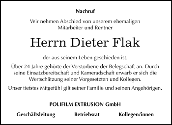 Traueranzeige von Dieter Flak von Mitteldeutsche Zeitung Köthen
