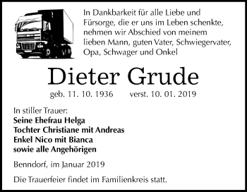 Traueranzeige von Dieter Grude von Mitteldeutsche Zeitung Aschersleben