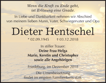 Traueranzeige von Dieter Hentschel von Mitteldeutsche Zeitung Aschersleben