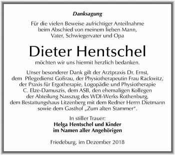 Traueranzeige von Dieter Hentschel von Super Sonntag SGH Mansf. Land