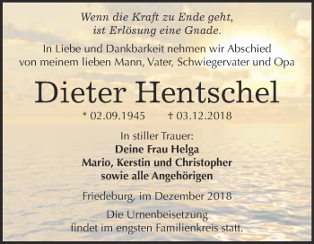 Traueranzeige von Dieter Hentschel von Super Sonntag SGH Mansf. Land