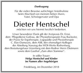 Traueranzeige von Dieter Hentschel von Mitteldeutsche Zeitung Mansfelder Land