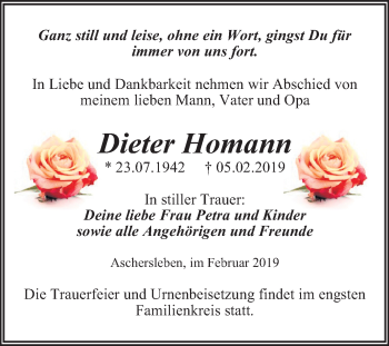 Traueranzeige von Dieter Homann von Mitteldeutsche Zeitung Aschersleben