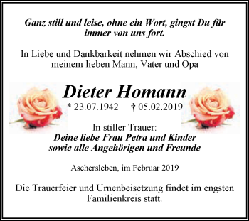 Traueranzeige von Dieter Homann von Super Sonntag Aschersleben